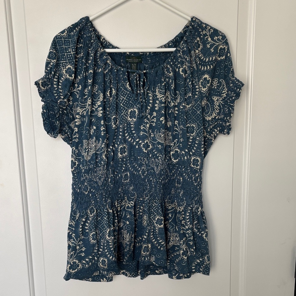 Lauren Ralph Lauren LRL Women’s XL Blue Floral Peasant Top Smocked Boho Blouse